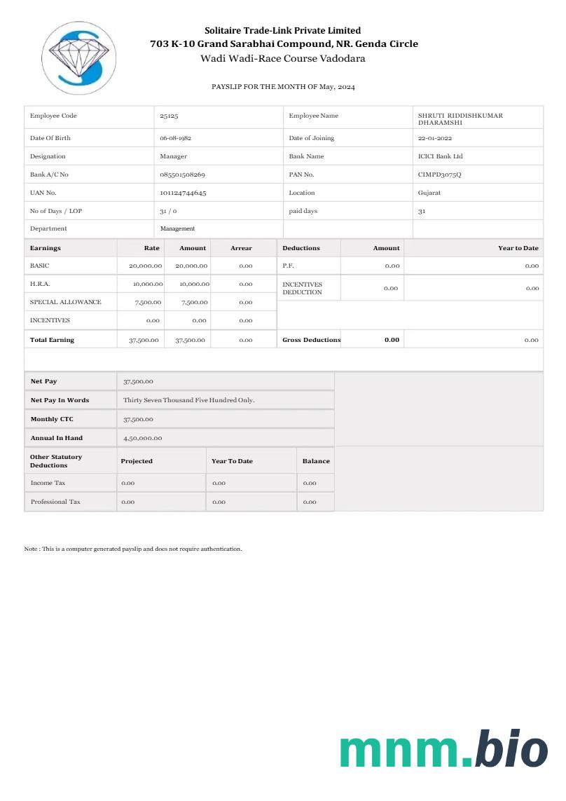 Pasjans Trade-Link payslip szablon w formacie Word i PDF
